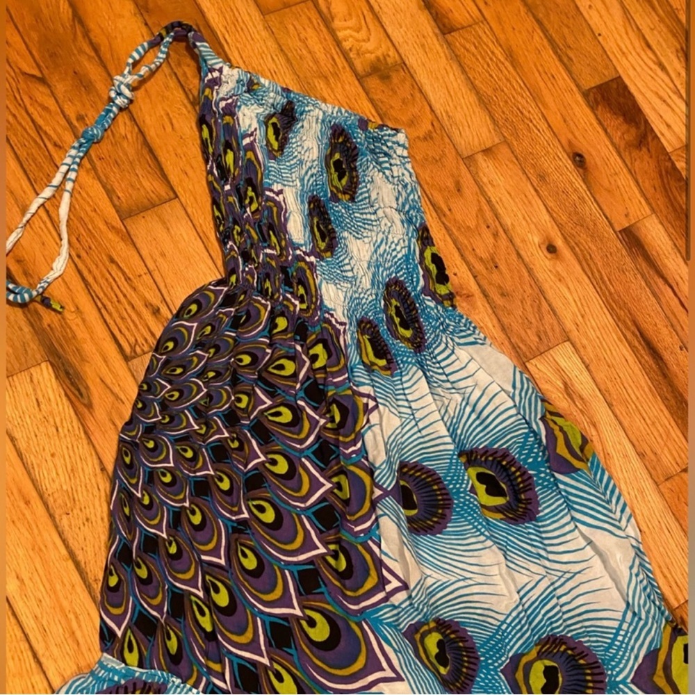 Fab Vibrant Peacock Print Hi Lo Maxi Dress Strapless Convertible Dress One Size - Picture 3 of 5